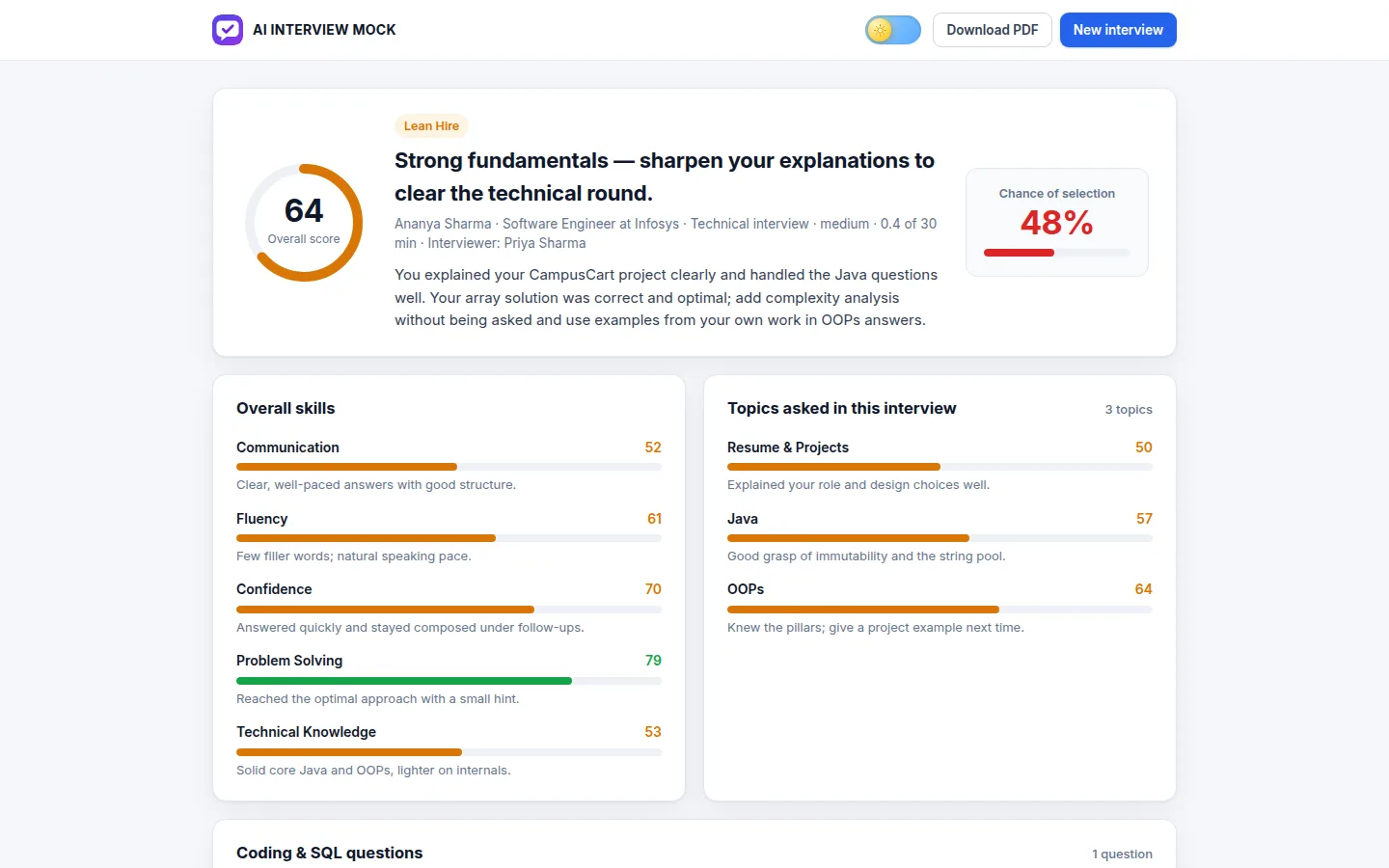 Detailed report with scores and selection chance
