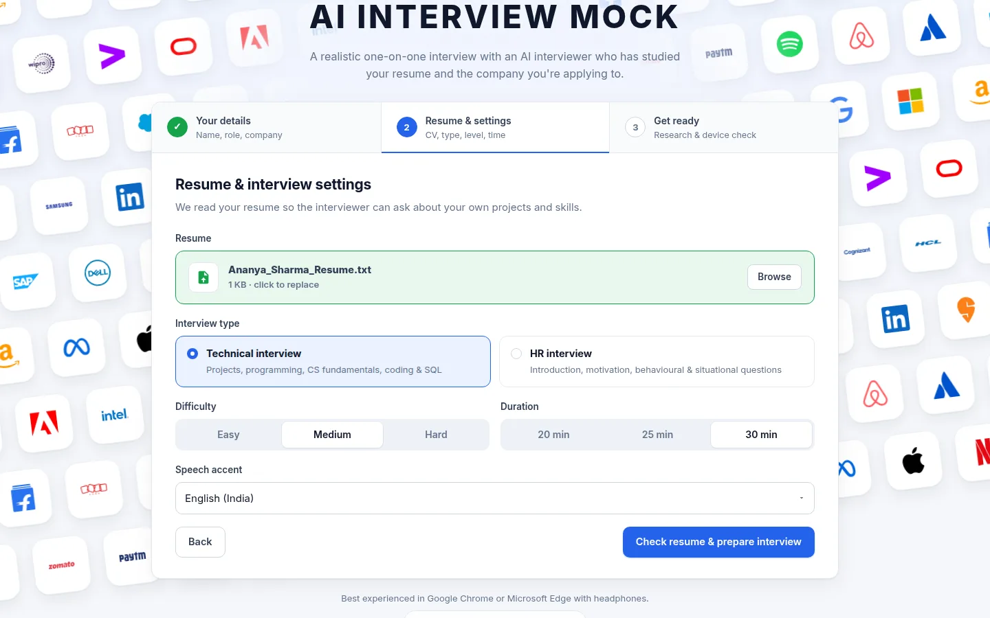 Set up your interview: details, resume, type and level